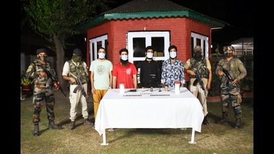 Jammu and Kashmir Police busted an over-ground worker (OGW) module by arresting four associates of Lashkar-e-Taiba (LeT) and recovered arms and ammunition from them in Sopore in Baramulla on Friday. (ANI)