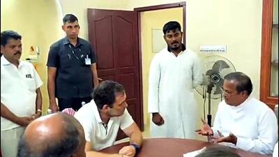 Congress leader Rahul Gandhi meets a controversial catholic priest George Ponnaiah during the party’s ‘Bharat Jodo Yatra’, in Kanniyakumari on Saturday. (ANI) Congress leader Rahul Gandhi meets a controversial catholic priest George Ponnaiah during the party’s ‘Bharat Jodo Yatra’, in Kanniyakumari on Saturday. (ANI)