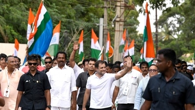 Congress leader Rahul Gandhi takes part in the padyatra on the second day of party's Bharat Jodo Yatra, in Kanniyakumari on Thursday. (ANI Photo) Congress leader Rahul Gandhi takes part in the padyatra on the second day of party's Bharat Jodo Yatra, in Kanniyakumari on Thursday. (ANI Photo)