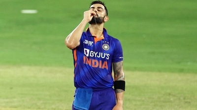 India's Virat Kohli celebrates his century during the Asia Cup Super Four match between India and Afghanistan (ICC Twitter) India's Virat Kohli celebrates his century during the Asia Cup Super Four match between India and Afghanistan (ICC Twitter)