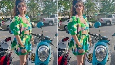 Sanjana decked up in a corset cropped top that featured quirky prints in shades of green, blue, pink, white and yellow. She teamed it with a pair of cotton comfy shorts of the same print. The actor layered her look for the day with a cotton shrug featuring the same print. (Instagram/@sanjanasanghi96)