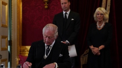 King Charles III: King Charles III signs an oath during the Accession Council at St James's Palace, London. (AP) King Charles III: King Charles III signs an oath during the Accession Council at St James's Palace, London. (AP)