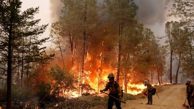 California Extreme Weather: Firefighters monitor the progress of backfires while battling the fire at Volcanoville, California, US. (Reuters)