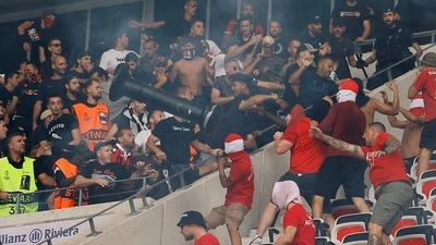 Fans clash before the match before the Nice vs Cologne match. (REUTERS)