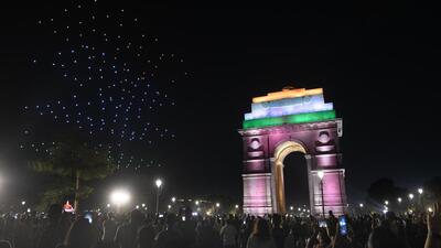 A drone show at India Gate on Saturday. (Arvind Yadav/HT Photo) A drone show at India Gate on Saturday. (Arvind Yadav/HT Photo)