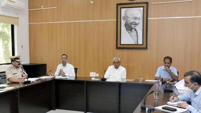 Bihar CM Nitish Kumar at a meeting to review law and order in the state, in Patna on Saturday. (Santosh Kumar/HT)