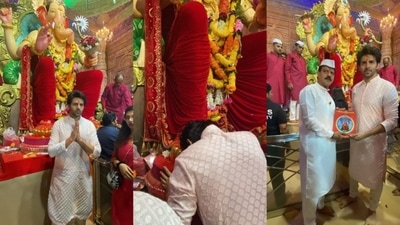 Celebrities at the Lalbaugcha Raja Ganesh idol, actor Kartik Aaryan in the picture. Celebrities at the Lalbaugcha Raja Ganesh idol, actor Kartik Aaryan in the picture.