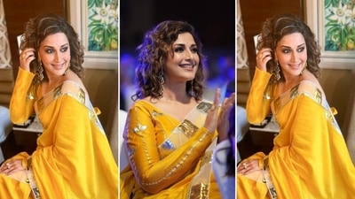 In the end, Sonali Bendre chose bold smoky eye shadow, kohl-lined eyes, black eyeliner, on-fleek brows, nude coral pink lip shade, blushed cheeks, and sharp contouring for the glam picks. What do you think of her traditional look? (Instagram) In the end, Sonali Bendre chose bold smoky eye shadow, kohl-lined eyes, black eyeliner, on-fleek brows, nude coral pink lip shade, blushed cheeks, and sharp contouring for the glam picks. What do you think of her traditional look? (Instagram)