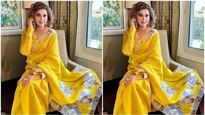 The mustard yellow six yards feature sheer panelling on the borders adorned with gold and silver gotta embroidery. Additionally, the pallu features a similar abstract pattern in gold and silver gota work. Sonali wore the six yards in traditional draping style, letting the pallu fall from her shoulder. (Instagram) The mustard yellow six yards feature sheer panelling on the borders adorned with gold and silver gotta embroidery. Additionally, the pallu features a similar abstract pattern in gold and silver gota work. Sonali wore the six yards in traditional draping style, letting the pallu fall from her shoulder. (Instagram)