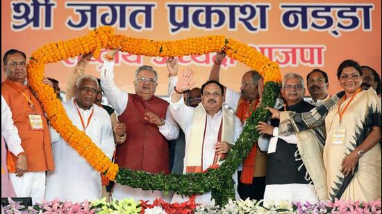JP Nadda is on his maiden visit to the Congress ruled Chhattisgarh after assuming charge as the BJP chief. (ANI) JP Nadda is on his maiden visit to the Congress ruled Chhattisgarh after assuming charge as the BJP chief. (ANI)