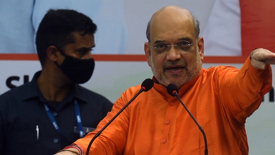 New Delhi, India - Sept. 9, 2022: Union Home Minister Amit Shah addresses the gathering before flagging off ‘Freedom Rider Biker Rallies’ from Major Dhyan Chand National Stadium in New Delhi, India, on Friday (Photo by Raj K Raj/ Hindustan Times) (Hindustan Times)