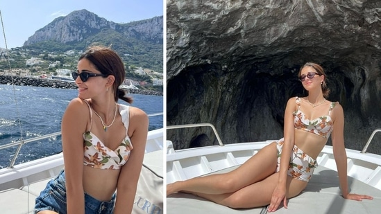 On Friday, Ananya Panday shared pictures from her time on a yacht in Capri. Describing how she spent the day, she wrote in caption, “Boat day! Swam in the blue grotto, saw a heart shaped cave and listened to ‘Sooraj Ki Baahon Mein’ on loop.”
