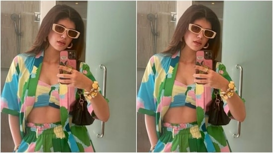 Sanjana played muse to fashion designer house Sorbae Clothing and picked a super fun and colourful attire that reflected her holiday mood perfectly.(Instagram/@sanjanasanghi96)