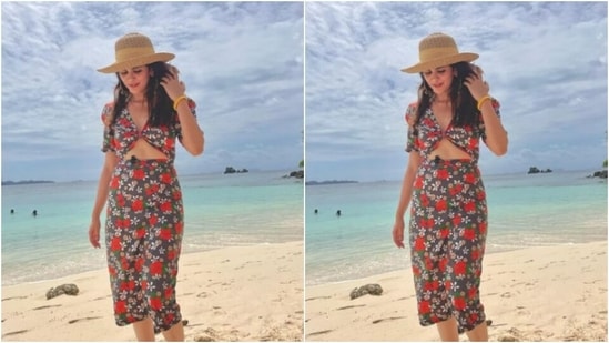 Sanjana’s vacay fashion snippets are inspo for us. The actor also shared a set of pictures of herself loving the sea and the sun in a cotton dress featuring a midriff-baring detail and long sleeves.(Instagram/@sanjanasanghi96)