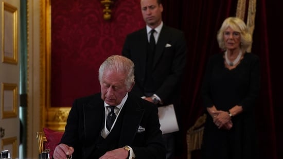 King Charles III: King Charles III signs an oath during the Accession Council at St James's Palace, London.(AP)