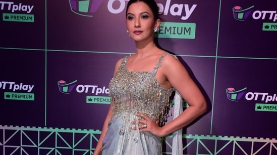 Gauahar Khan strikes a pose at the OTTplay Awards 2022 red carpet. The actor spoke about the significance of streaming platforms for performers. Pic: Varinder Chawla