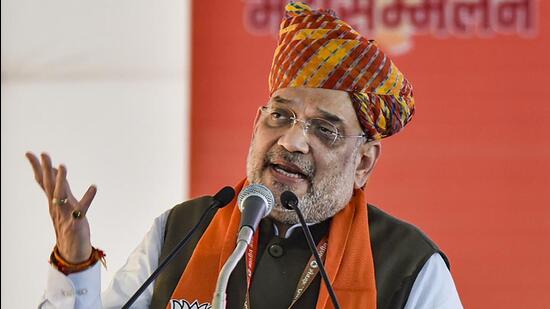 Union home minister Amit Shah speaks during a BJP meeting in Jodhpur on Saturday. (PTI)