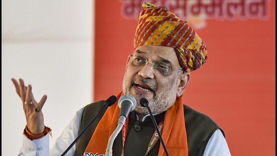 Amit Shah addressed the BJP’s Booth Adyaksh Sankalp Mahasabha in Rajasthan’s Jodhpur on Saturday. (PTI)