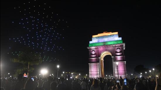 A drone show at India Gate on Saturday. (Arvind Yadav/HT Photo)