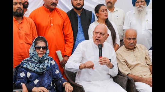 National Conference president Farooq Abdullah, PDP president Mehbooba Mufti and others during a press conference after the all political party meeting in Jammu on Saturday. (PTI)