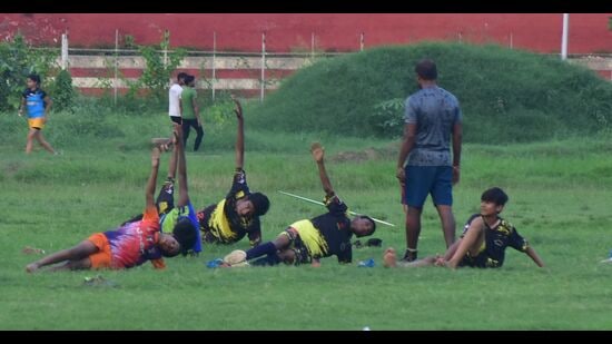 Sportspersons practicing at Madam Mohan Malaviya stadium (HT) (Ht photo)
