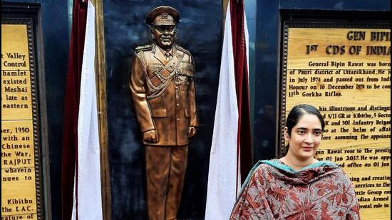 Gen Bipin Rawat’s younger daughter, Tarini, at Kibithu in Arunachal Pradesh. (HT Photo)