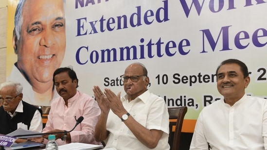 NCP leaders Sharad Pawar and Praful Patel at the Nationalist Congress Party extended working committee meeting at Constitution club, in New Delhi, India, on Saturday.(Hindustan Times)