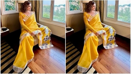 Sonali wore the six yards with a matching mustard yellow blouse featuring full-length sleeves, a wide V neckline, silver gota embroidery, a plunging back detail, and a ribbon tie closure.(Instagram)