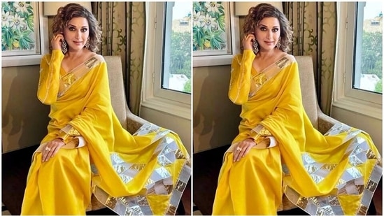 The mustard yellow six yards feature sheer panelling on the borders adorned with gold and silver gotta embroidery. Additionally, the pallu features a similar abstract pattern in gold and silver gota work. Sonali wore the six yards in traditional draping style, letting the pallu fall from her shoulder.(Instagram)