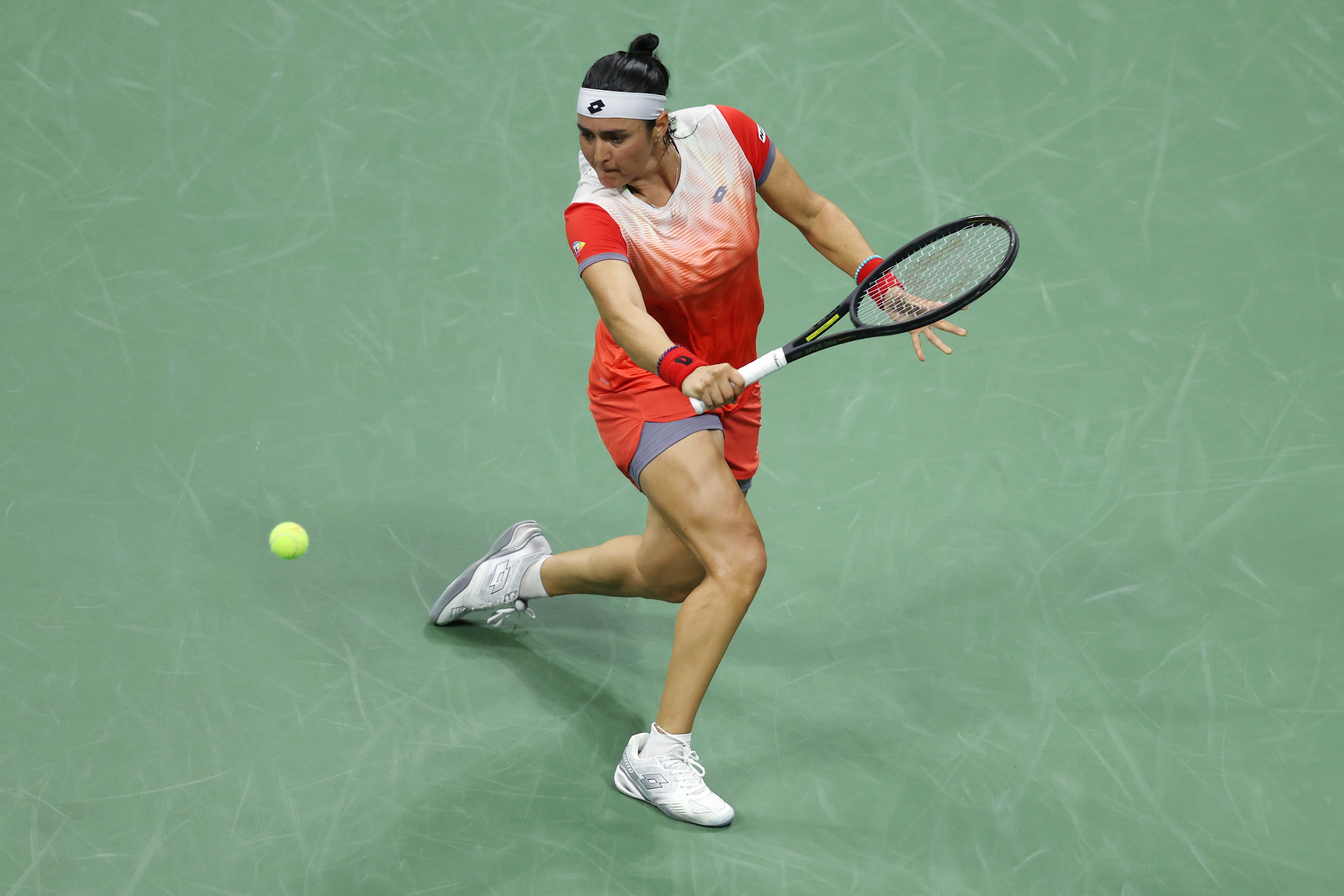 Ons Jabeur of Tunisia returns a shot against Caroline Garcia of France during their Women's Singles Semifinal match on Day Eleven of the 2022 US Open Ons Jabeur of Tunisia returns a shot against Caroline Garcia of France during their Women's Singles Semifinal match on Day Eleven of the 2022 US Open