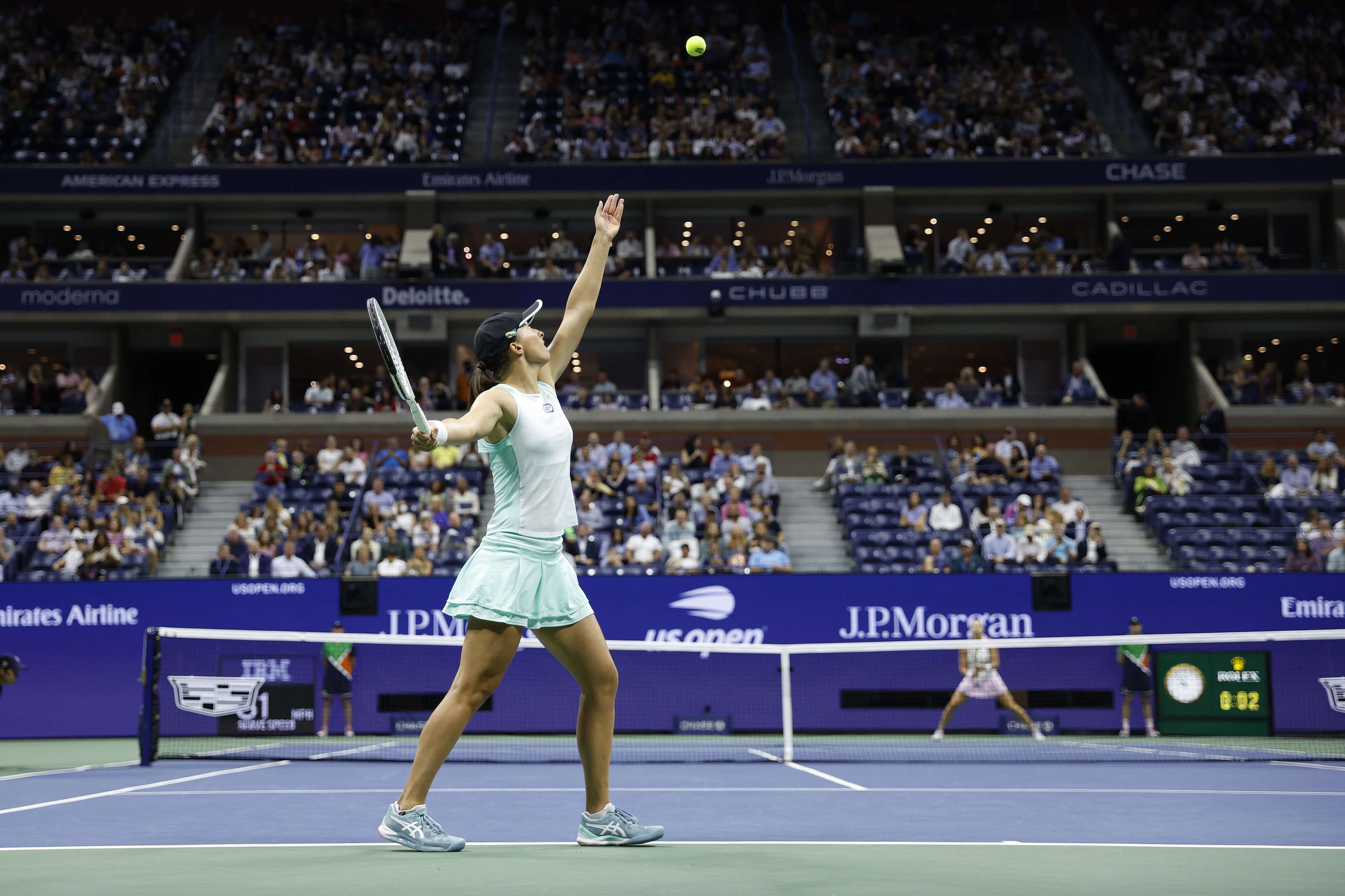 Iga Swiatek of Poland serves against Aryna Sabalenka during their Women's Singles Semifinal match on Day Eleven of the 2022 US Open Iga Swiatek of Poland serves against Aryna Sabalenka during their Women's Singles Semifinal match on Day Eleven of the 2022 US Open