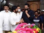 Chiranjeevi consoles a teary-eyed Prabhas after Krishnam Raju's death. Chiranjeevi consoles a teary-eyed Prabhas after Krishnam Raju's death.