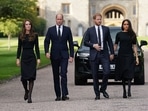 (L-R) Britain's Catherine, Princess of Wales, Britain's Prince William, Prince of Wales, Britain's Prince Harry, Duke of Sussex, and Meghan, Duchess of Sussex on the long Walk at Windsor Castle on September 10.
