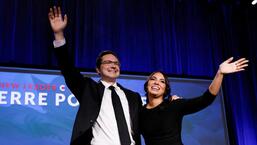 Pierre Poilievre celebrates next to his wife Anaida Poilievre after being elected as the new leader of the Canada’s Conservative Party, in Ottawa, Ontario, Canada, on Saturday. (REUTERS)