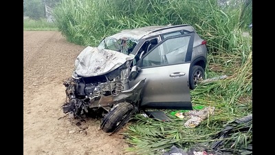 The wrecked remains of a car after it collided against a roadside poll and toppled into the fields in Una on Sunday. Five people died in the incident. (ANI)