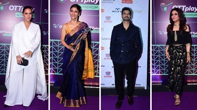 Neha Dhupia attended the OTTplay awards in a white attire with a cape. Konkona Sen Sharma was in a saree and posed for the paparazzi with her trophy. Tahir Raj Bhasin and Raveena Tandon attended the event in black. All four of them won awards for their performances. (Varinder Chawla) Neha Dhupia attended the OTTplay awards in a white attire with a cape. Konkona Sen Sharma was in a saree and posed for the paparazzi with her trophy. Tahir Raj Bhasin and Raveena Tandon attended the event in black. All four of them won awards for their performances. (Varinder Chawla)