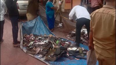 Footwear collected by PMC solid waste department during the last day of Ganpati immersion procession on September 9 filled six tempos. (HT)