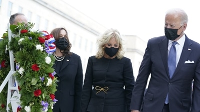 Joe Biden, now president, was to commemorate the day at the Pentagon. Vice President Kamala Harris and her husband, Doug Emhoff, were to be at the New York remembrance. (AP) Joe Biden, now president, was to commemorate the day at the Pentagon. Vice President Kamala Harris and her husband, Doug Emhoff, were to be at the New York remembrance. (AP)