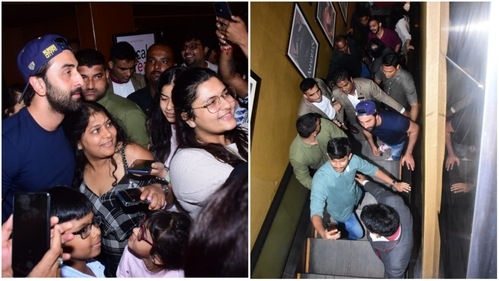 Ranbir Kapoor poses for pictures with Brahmastra fans. Ranbir Kapoor poses for pictures with Brahmastra fans.