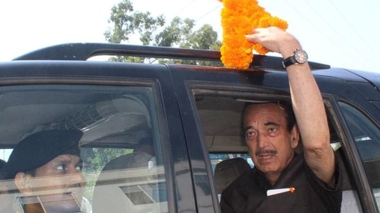 (File) Former Congress leader Ghulam Nabi Azad leaves Jakhani, Udhampur, to address a public meeting in the Doda district of Jammu and Kashmir on Thursday. He will hold a rally in Kashmir on Sunday. (ANI)