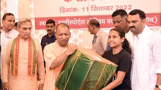 Uttar Pradesh chief minister Yogi Adityanath at an event in Baghpat district on Sunday. (HT Photo)