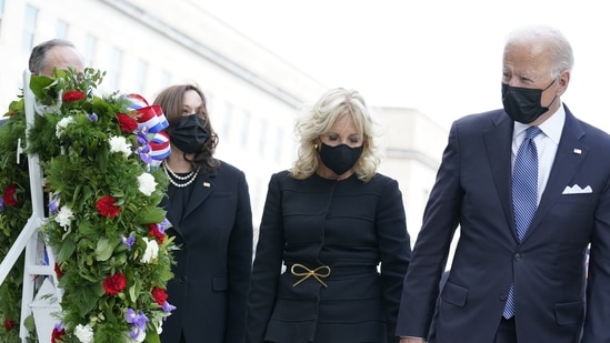 Joe Biden, now president, was to commemorate the day at the Pentagon. Vice President Kamala Harris and her husband, Doug Emhoff, were to be at the New York remembrance.(AP)