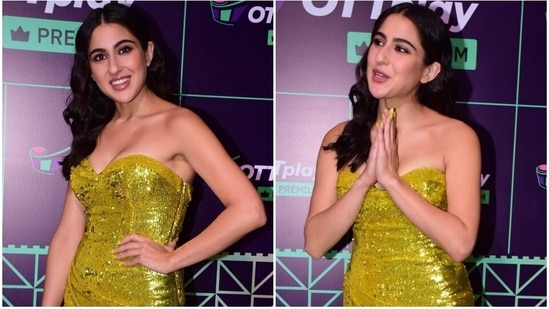 Sara Ali Khan in off-shoulder mini dress brings sunshine to the red carpet at OTTplay Awards 2022&nbsp;(HT Photo/Varinder Chawla)