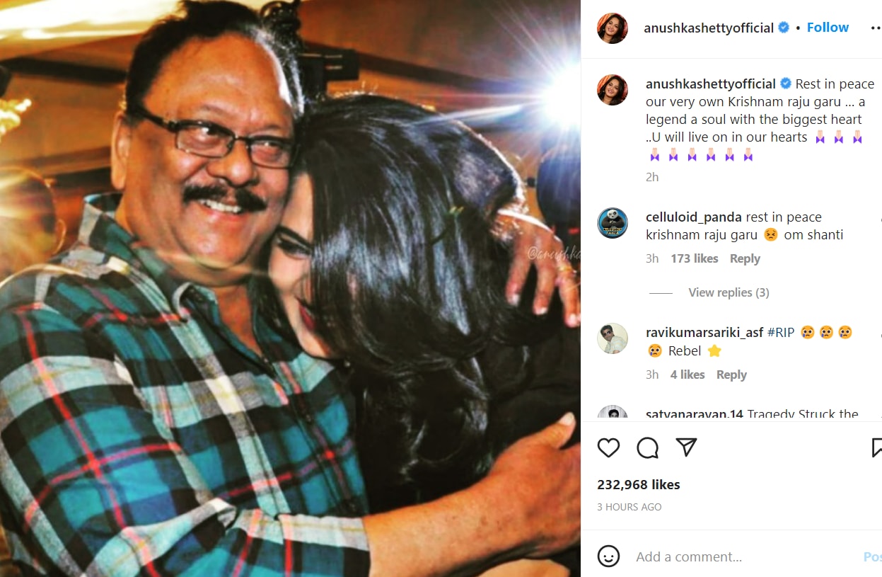 अनुष्का शेट्टी ने इंस्टाग्राम पर स्वर्गीय कृष्णम राजू का शोक मनाया। अनुष्का शेट्टी ने इंस्टाग्राम पर स्वर्गीय कृष्णम राजू का शोक मनाया।