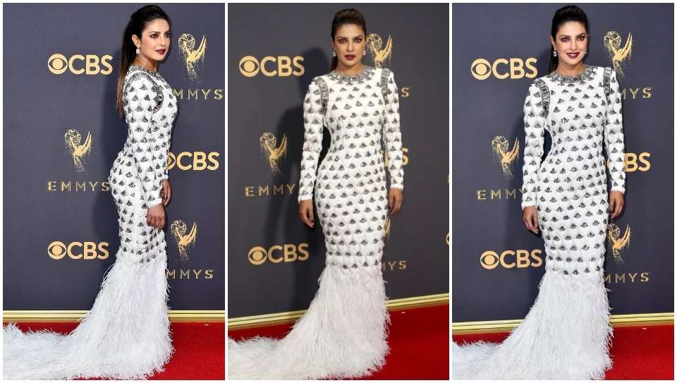 Priyanka Chopra looks fierce in a Balmain gown at the Emmy Awards.&nbsp;