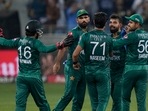 Pakistan's Shadab Khan, second right, celebrates with teammates the dismissal of Sri Lanka's captain Dasun Shanaka during the T20 cricket Asia Cup final match between Pakistan and Sri Lanka, in Dubai, United Arab Emirates(AP) Pakistan's Shadab Khan, second right, celebrates with teammates the dismissal of Sri Lanka's captain Dasun Shanaka during the T20 cricket Asia Cup final match between Pakistan and Sri Lanka, in Dubai, United Arab Emirates(AP)