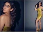 Sara Ali Khan recently attended the star-studded OTTplay Awards 2022 in a draped sequin gold mini dress from an international luxury clothing line Annie’s Ibiza.(Instagram/@stylebyami)