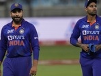 India's captain Rohit Sharma, left, reacts as he leaves the field with teammate Suryakumar Yadav (AP) India's captain Rohit Sharma, left, reacts as he leaves the field with teammate Suryakumar Yadav (AP)