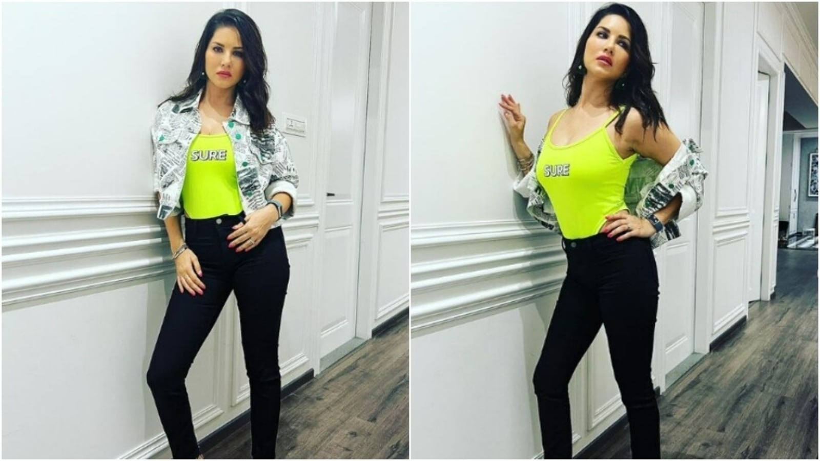 Sunny Leone makes Surat drool in neon top, printed cropped jacket
