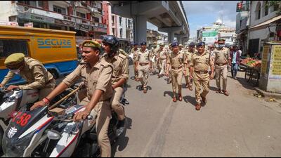The Uttar Pradesh police have intensified patrolling in sensitive areas across the state after the Gyanvapi ruling. (PTI) The Uttar Pradesh police have intensified patrolling in sensitive areas across the state after the Gyanvapi ruling. (PTI)